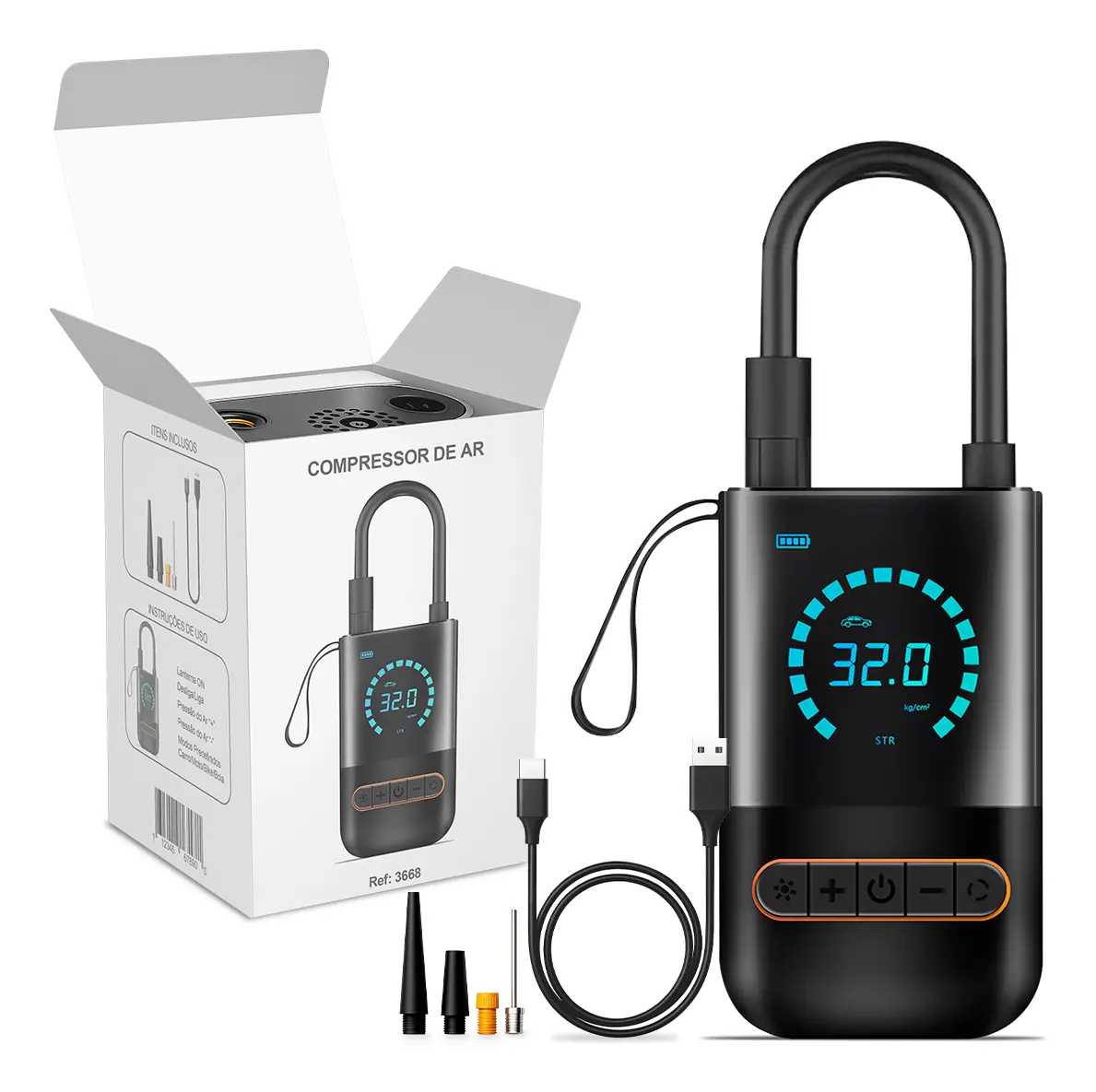 Kit do compressor com embalagem, cabo USB-C e adaptadores